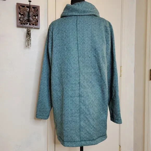 Lands End Cowl Funnel Neck Green Herringbone Fleece Pullover Tunic Sweater✨️L - Picture 2 of 13